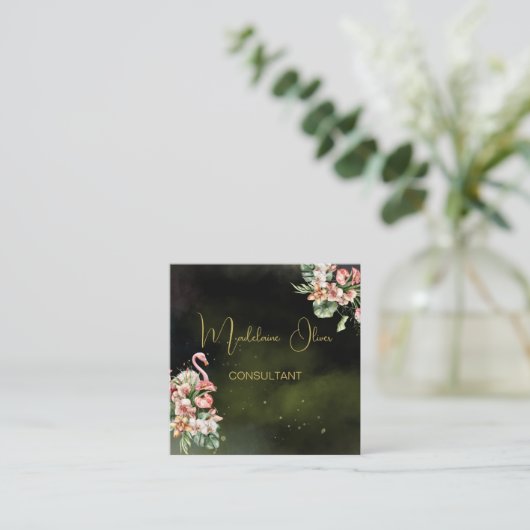 フラミンゴ熱帯植物系ブラックフローリストQR スクエア名刺 (スタンド正面)