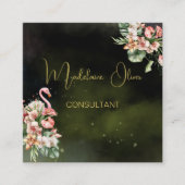 フラミンゴ熱帯植物系ブラックフローリストQR スクエア名刺 (正面)