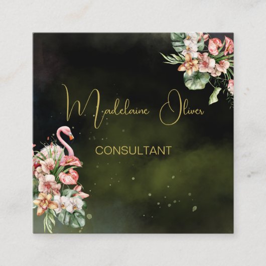 フラミンゴ熱帯植物系ブラックフローリストQR スクエア名刺 (正面)
