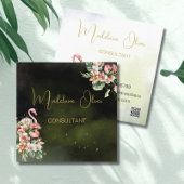 フラミンゴ熱帯植物系ブラックフローリストQR スクエア名刺