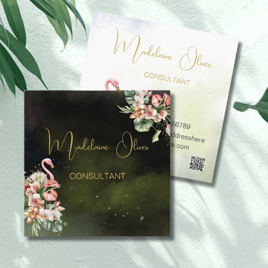 フラミンゴ熱帯植物系ブラックフローリストQR スクエア名刺