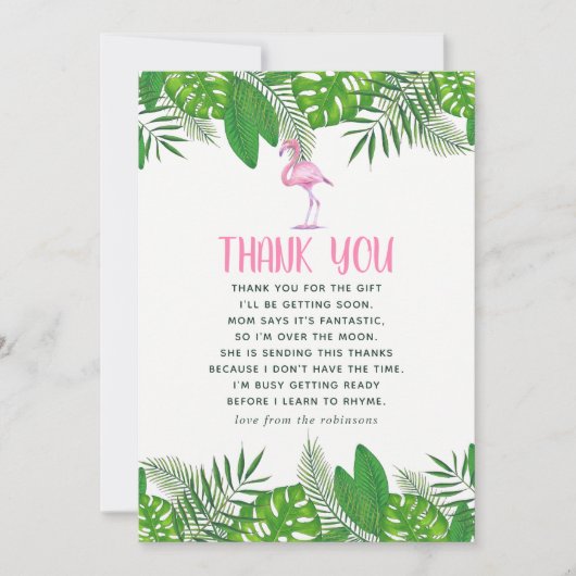フラミンゴ熱帯水色ベビーシャワーありがとう サンキューカード (正面)