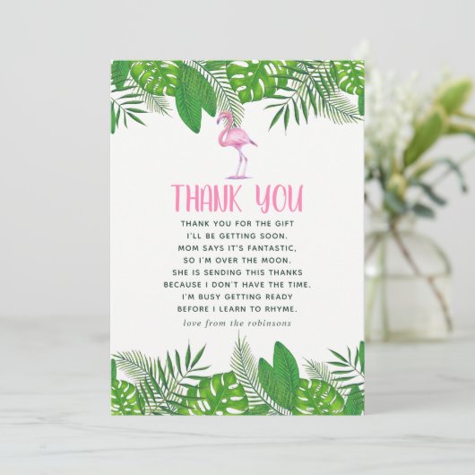 フラミンゴ熱帯水色ベビーシャワーありがとう サンキューカード (スタンド正面)