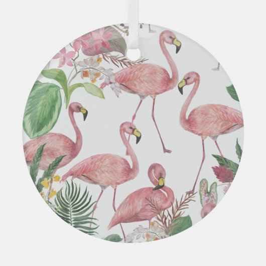 フラミンゴ熱帯葉熱帯水彩模様 ガラスオーナメント (正面)