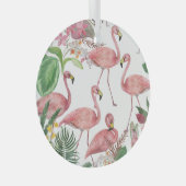 フラミンゴ熱帯葉熱帯水彩模様 ガラスオーナメント (正面右)