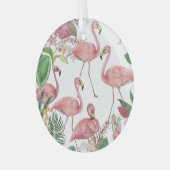 フラミンゴ熱帯葉熱帯水彩模様 ガラスオーナメント (正面左)