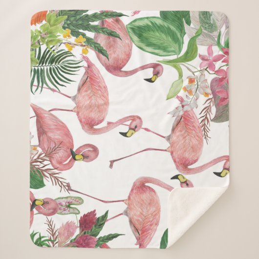 フラミンゴ熱帯葉熱帯水彩模様 シェルパブランケット (正面)