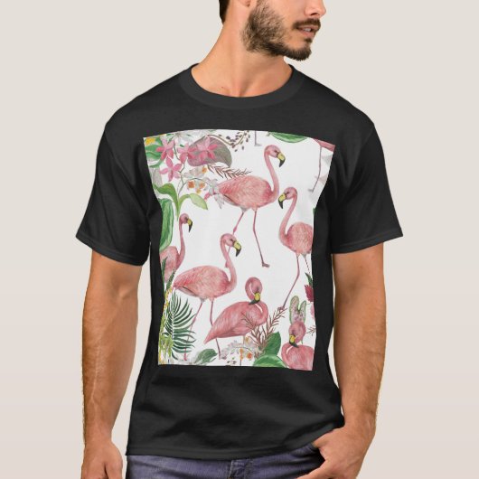 フラミンゴ熱帯葉熱帯水彩模様 Tシャツ (正面)