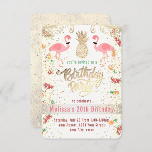 フラミンゴ熱帯誕生日パーティー 招待状 (正面/裏面)