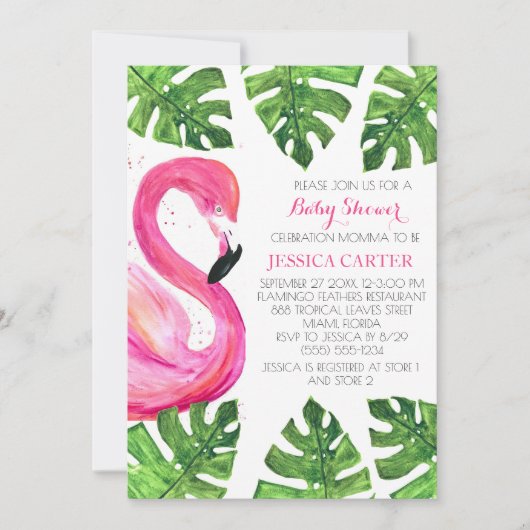 フラミンゴ熱帯離れ赤ちゃんシャワーピンク少女 招待状 (正面)