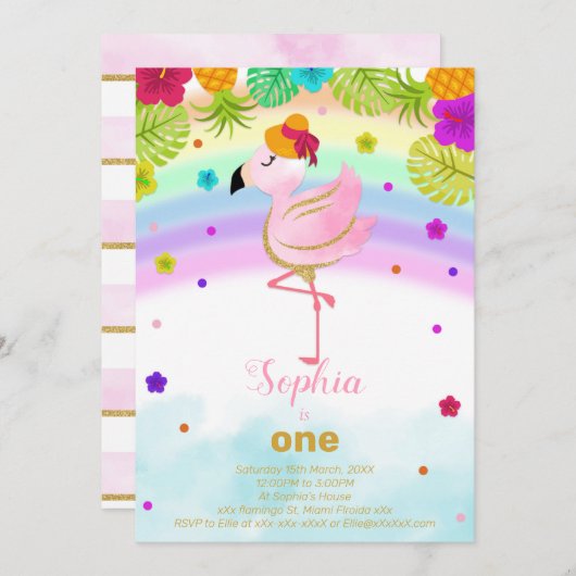 フラミンゴ誕生日の招待 招待状 (正面/裏面)