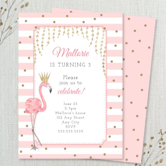 フラミンゴ誕生日パーティーの招待、ピンクの金ゴールド 招待状