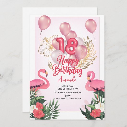 フラミンゴ誕生日パーティーの招待, 18誕生日 招待状 (正面/裏面)