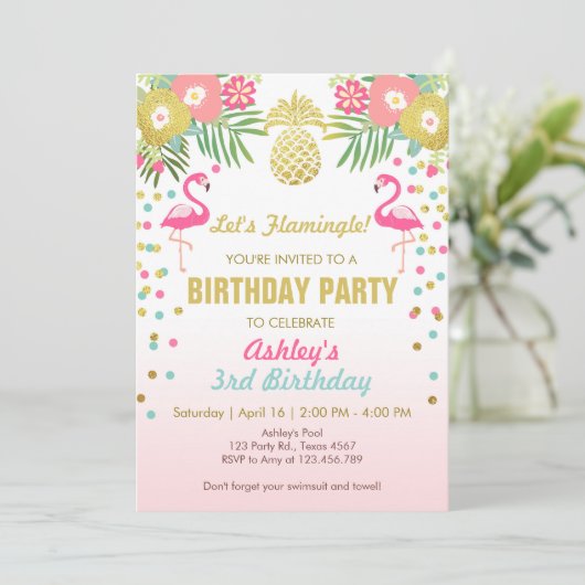 フラミンゴ誕生日パーティーへの招待トロピカルハワイ 招待状 (スタンド正面)