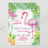 フラミンゴ誕生日パーティー熱帯少女プールパーティー 招待状 (正面/裏面)