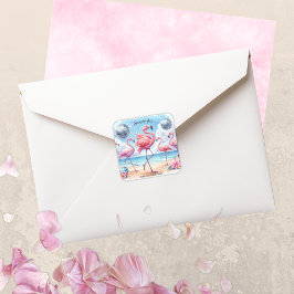 フラミンゴ誕生日ビーチパーティー スクエアシール
