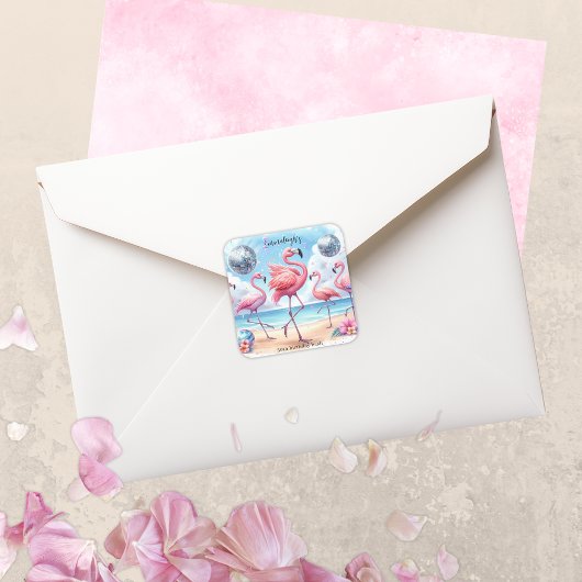 フラミンゴ誕生日ビーチパーティー スクエアシール