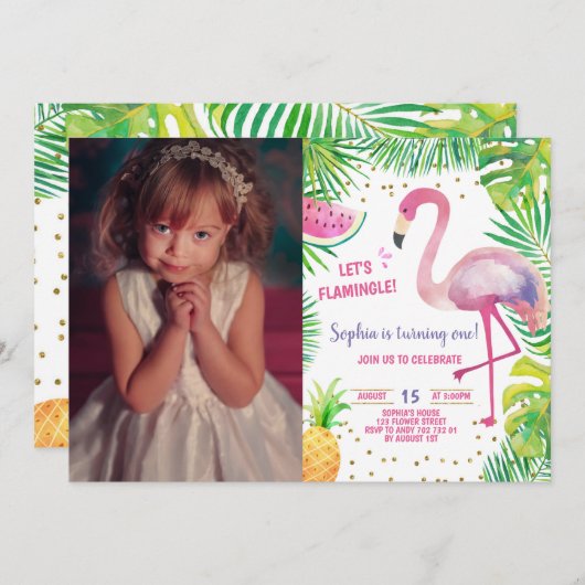 フラミンゴ誕生日プールパーティートロピカルガール写真 招待状 (正面/裏面)
