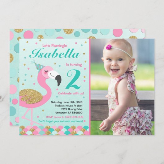 フラミンゴ誕生日招待状局所プールパーティー 招待状 (正面/裏面)
