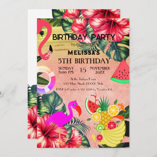 フラミンゴ誕生日招待状、かわいい招待状 招待状 (正面/裏面)