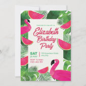 フラミンゴ誕生日招待状、プールパーティー誕生日 招待状 (正面)