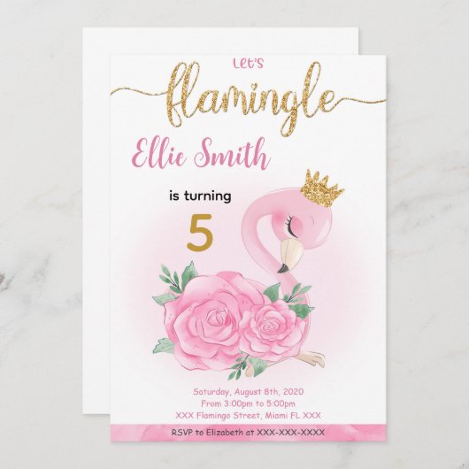 フラミンゴ誕生日招待状 招待状 (正面/裏面)