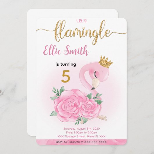 フラミンゴ誕生日招待状 招待状 (正面/裏面)