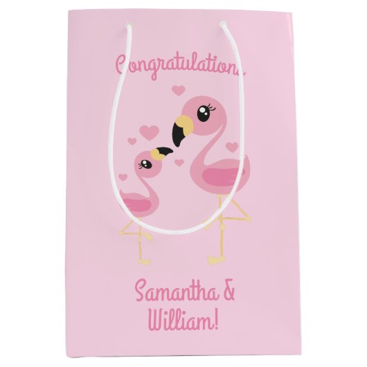 フラミンゴ赤ちゃんシャワーかわいいトロピカル ミディアムペーパーバッグ (正面)