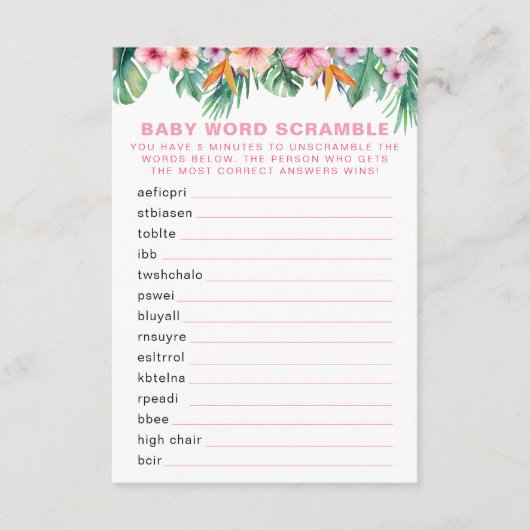 フラミンゴ赤ちゃんシャワーワードスクランブルゲーム エンクロージャーカード (正面)