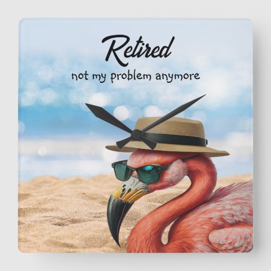 フラミンゴ退職したオンビーチハット&サングラス スクエア壁時計 (正面)