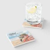 フラミンゴ退職したオンビーチハット&サングラス ストーンコースター (横)