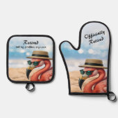 フラミンゴ退職したオンビーチハット&サングラス 鍋つかみ&鍋敷きセット (正面)