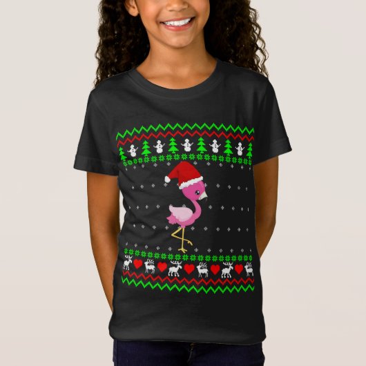 フラミンゴ醜いクリスマスセーター Tシャツ (正面)
