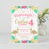 フラミンゴ金ゴールドグリッター及びピンク誕生日招待状 招待状 (スタンド正面)