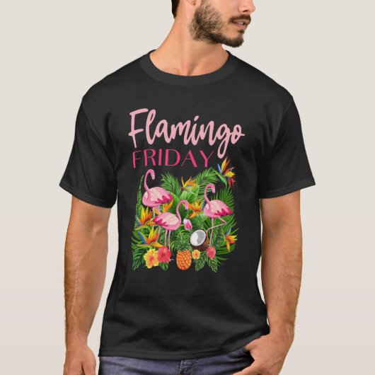 フラミンゴ金曜日熱帯植物とハイビスカス1 Tシャツ (正面)