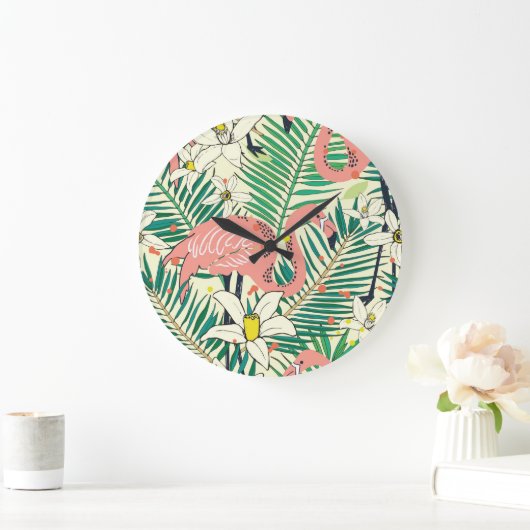フラミンゴ離れパームヴィンテージ:熱帯 ラージ壁時計 (ホーム)