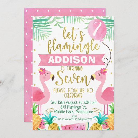 フラミンゴ風船七歳 招待状 (正面/裏面)
