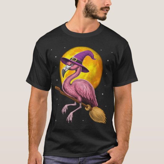 フラミンゴ魔女のほうき乗り Tシャツ (正面)