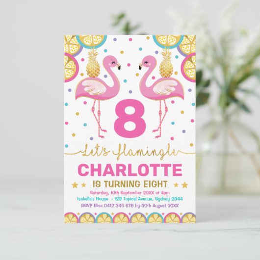 フラミンゴ鮮やかトロピカル誕生日プールパーティー 招待状 (スタンド正面)
