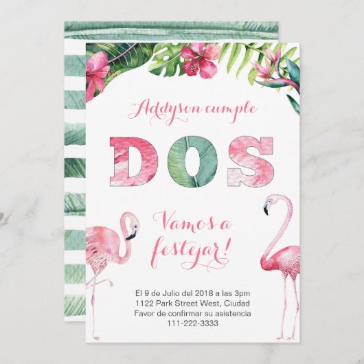 フラミンゴ2歳の誕生日の招待状を女スペインのの子のために 招待状 (正面/裏面)