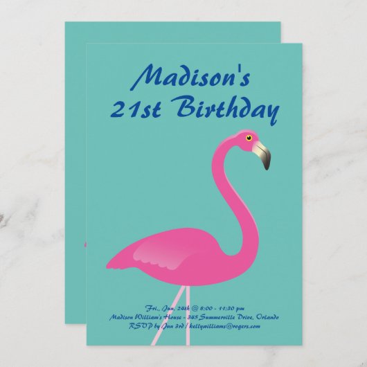 フラミンゴ21歳の誕生日パーティー招待状-ターコイズ 招待状 (正面/裏面)