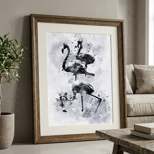 フラミンゴ3羽のモノクローム水彩画 フォトプリント