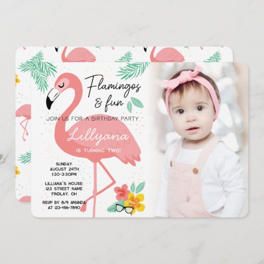 フラミンゴ&おもしろい熱帯誕生日写真、任意の年齢 招待状 (正面/裏面)
