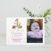 フラミンゴ・アロハ最初の1つの誕生日パーティーの写真 招待状 (スタンド正面)