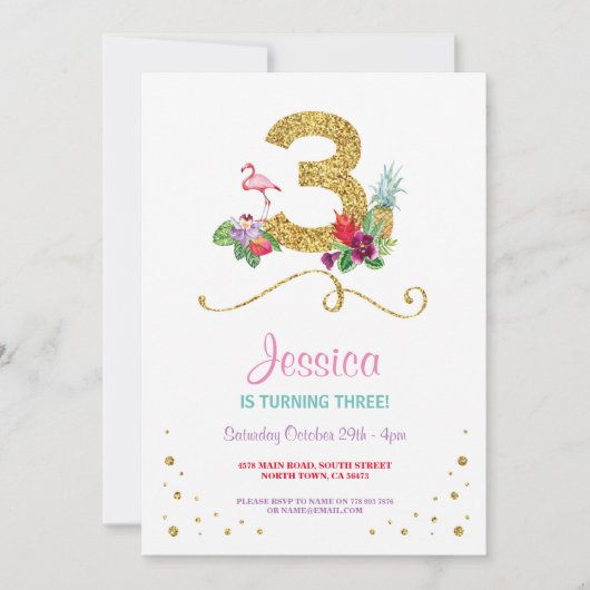 フラミンゴ アロハ サード 3歳 3 バースデー パーティー 招待状 (正面)