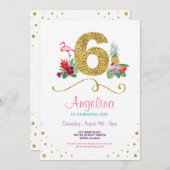 フラミンゴ アロハ 6歳 誕生日パーティー 招待状 (正面/裏面)