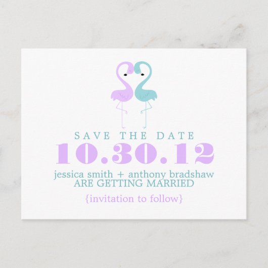 フラミンゴ・カップルの結婚式の日付を保存 案内ポストカード (正面)