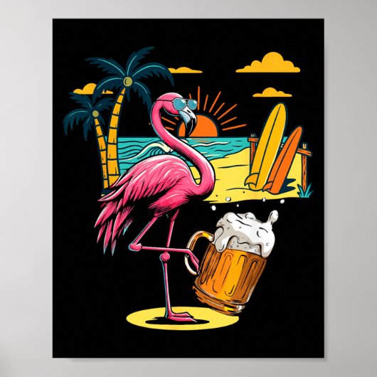 フラミンゴ サングラス ビール 海辺 飲み 楽しい ポスター (正面)