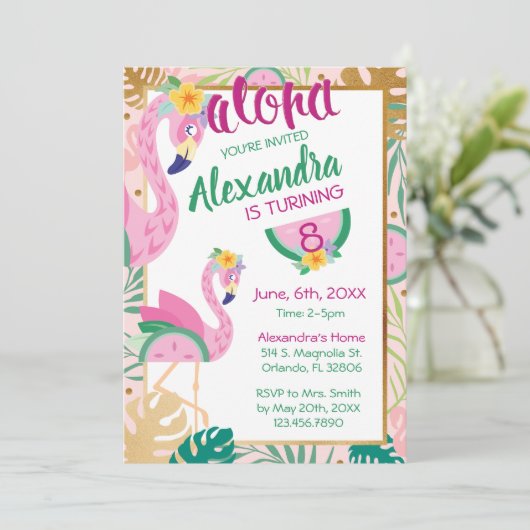 フラミンゴ&スイカトロピカル誕生日招待状 招待状 (スタンド正面)