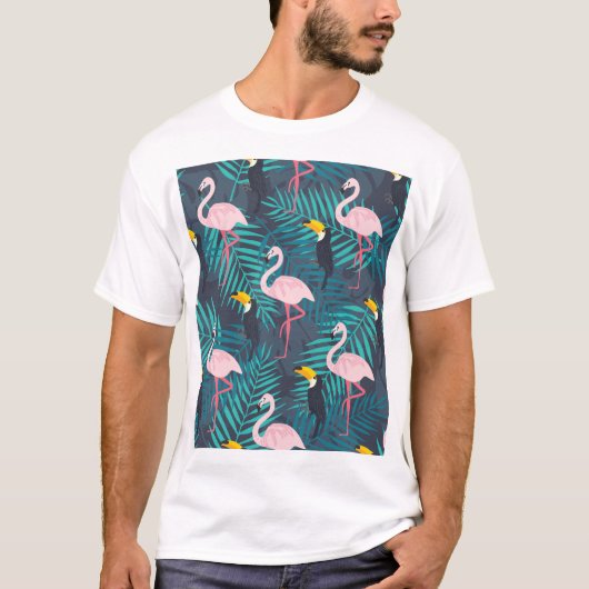 フラミンゴ、トウカン：熱帯の葉柄 Tシャツ (正面)